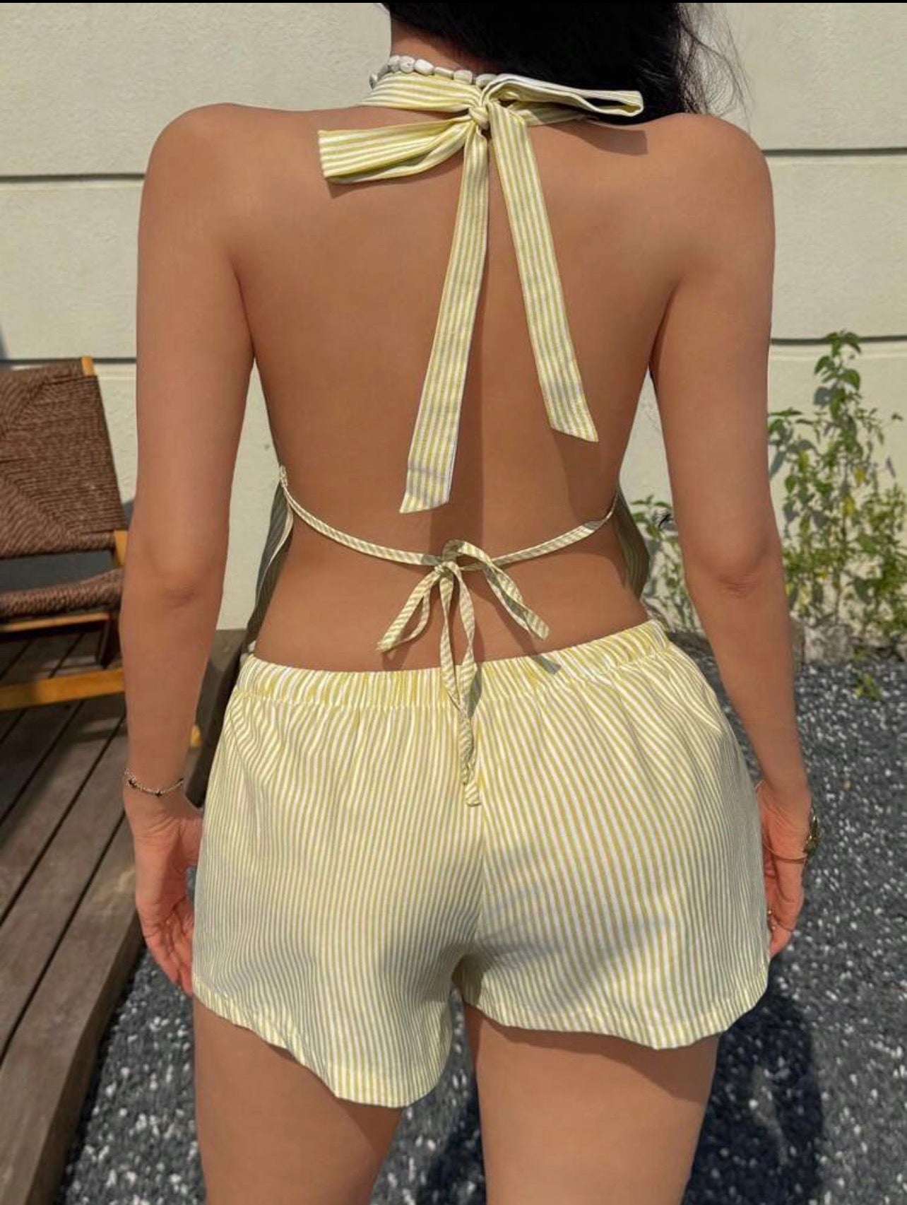 Women’s 2-Piece Linen Backless Tie-Up Vest & Frill Waist Shorts Set