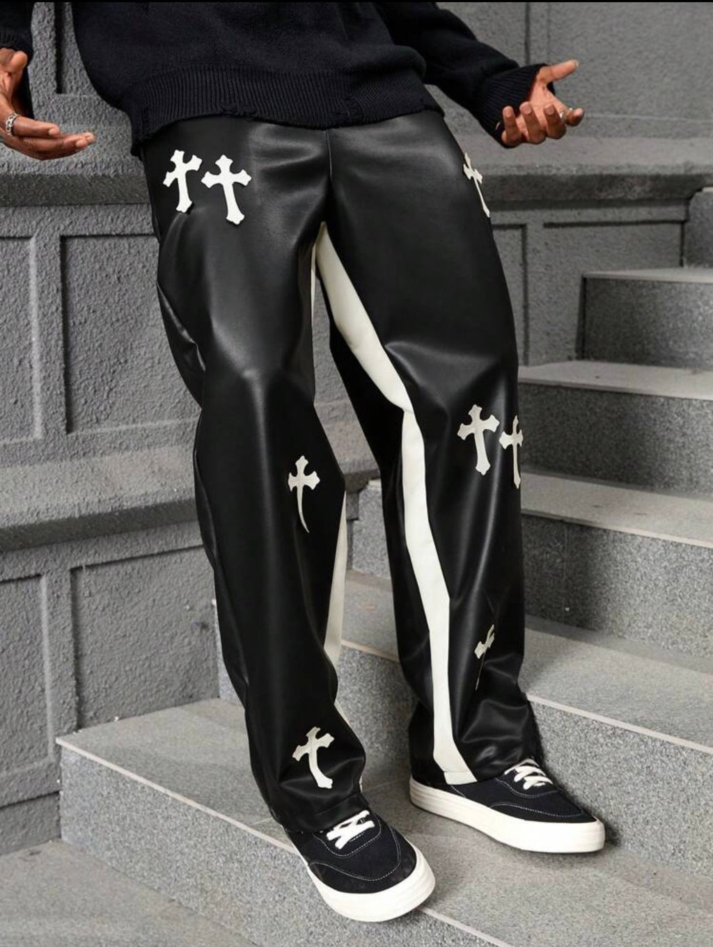 Men’s Cross Print Color Block PU Leather Baggy Pants – Casual Streetwear Trousers