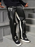 Men’s Cross Print Color Block PU Leather Baggy Pants – Casual Streetwear Trousers