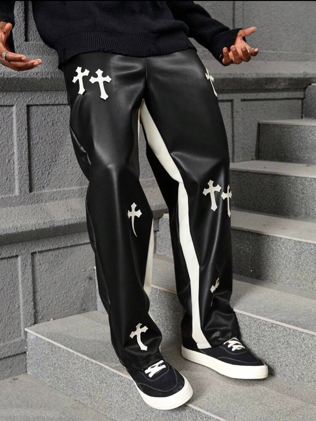 Men’s Cross Print Color Block PU Leather Baggy Pants – Casual Streetwear Trousers
