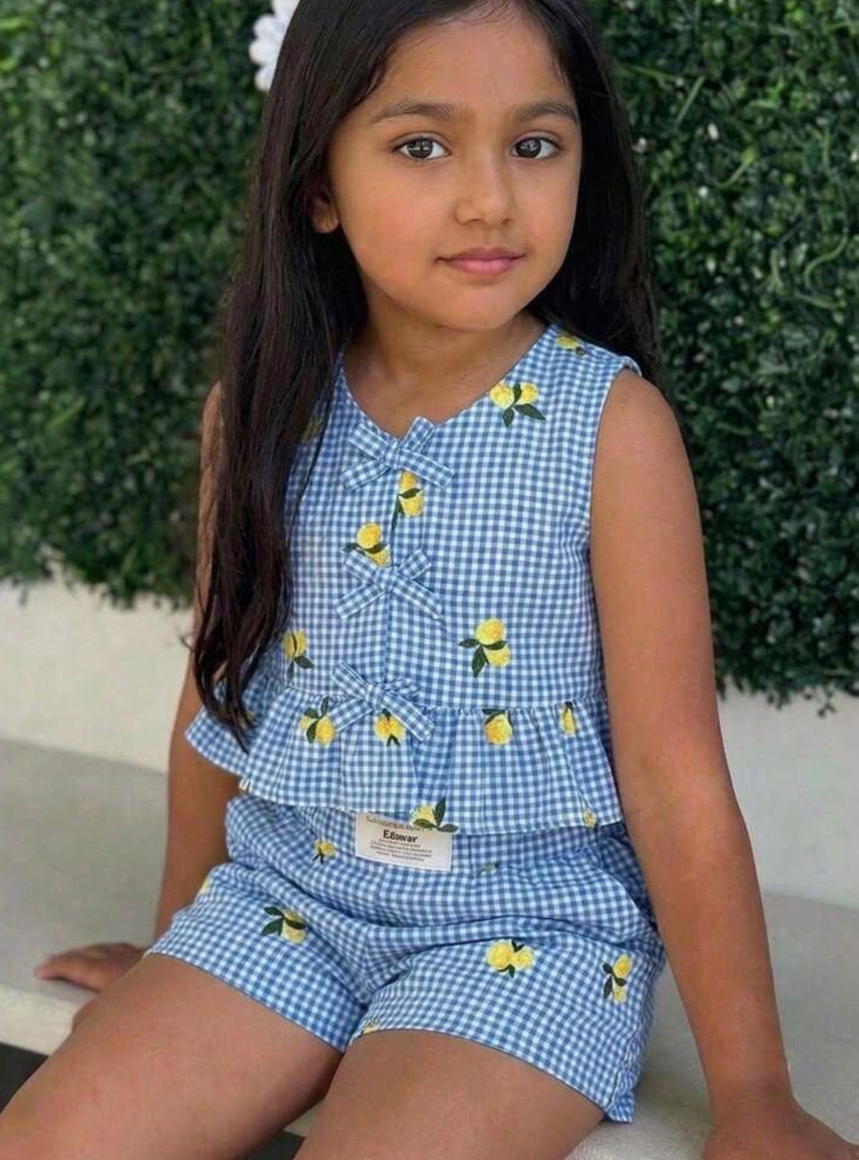 Girls Lemon Plaid Front Tie Cami Top & Shorts Summer Outfit Set