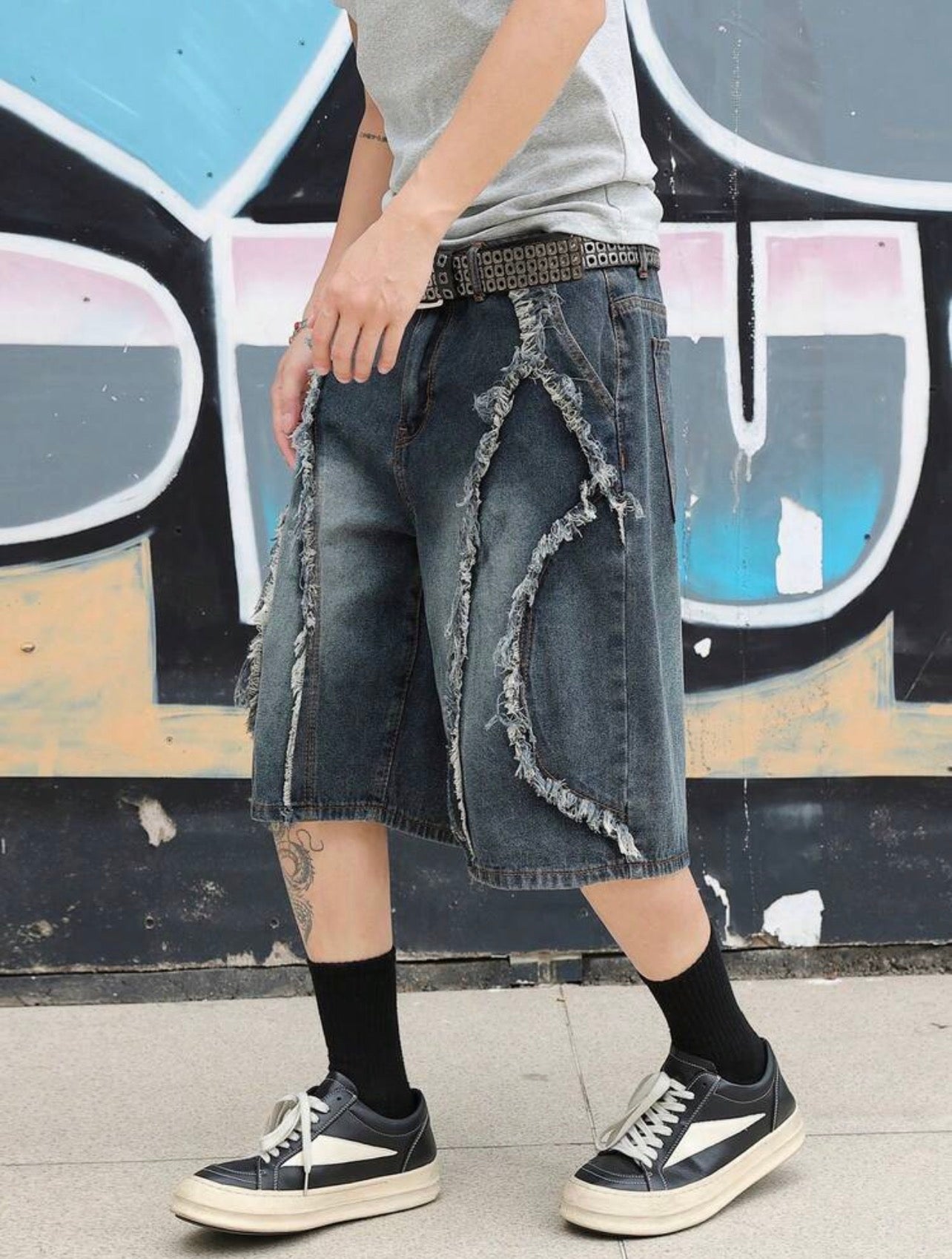 Men’s Distressed Wide Leg Jeans – Fashion Streetwear Denim Shorts