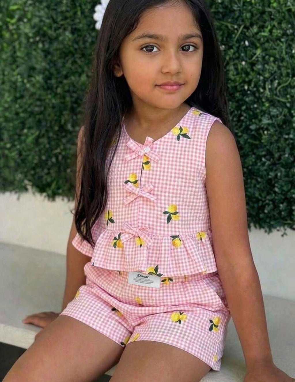 Girls Lemon Plaid Front Tie Cami Top & Shorts Summer Outfit Set