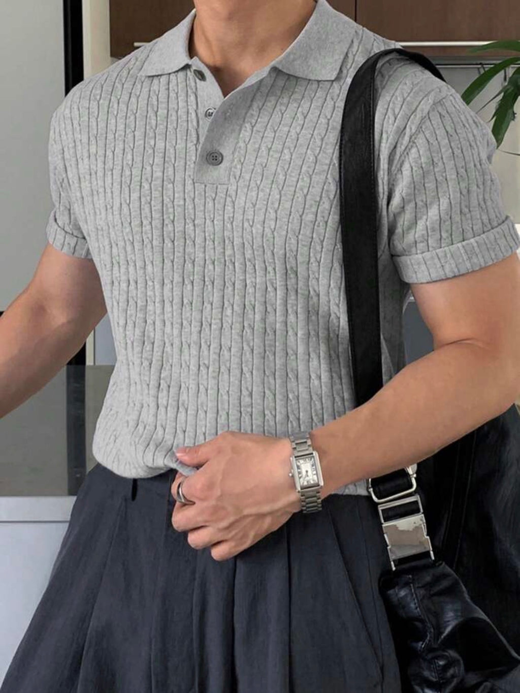 Men’s Solid Polo Neck Knit Top – Casual Short Sleeve Summer Shirt