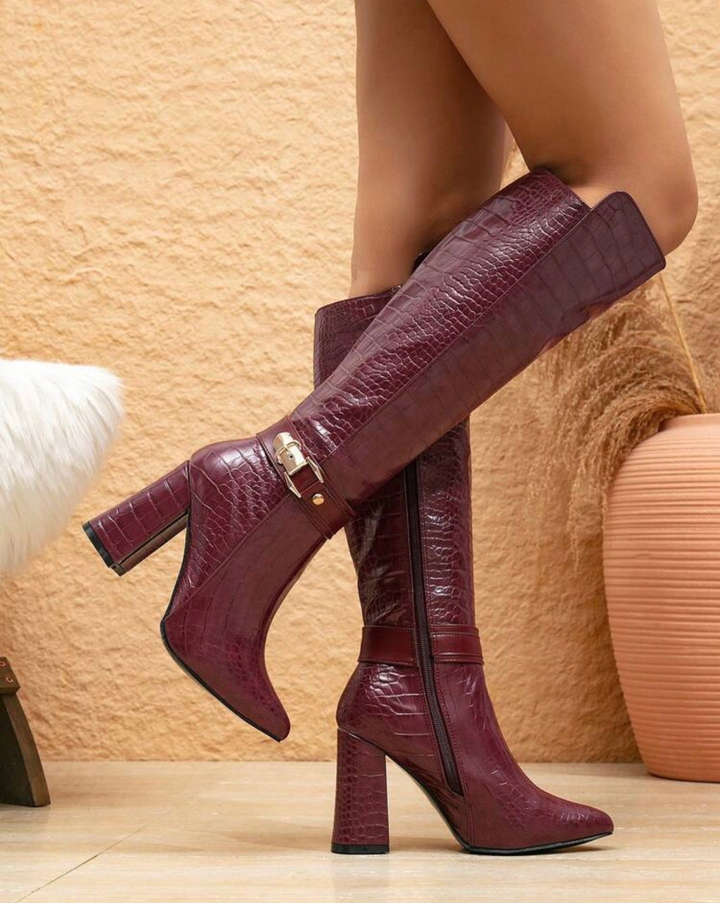 Women’s Brown Alligator Print Knee-High Boots with Pointed Toe & Block Heel