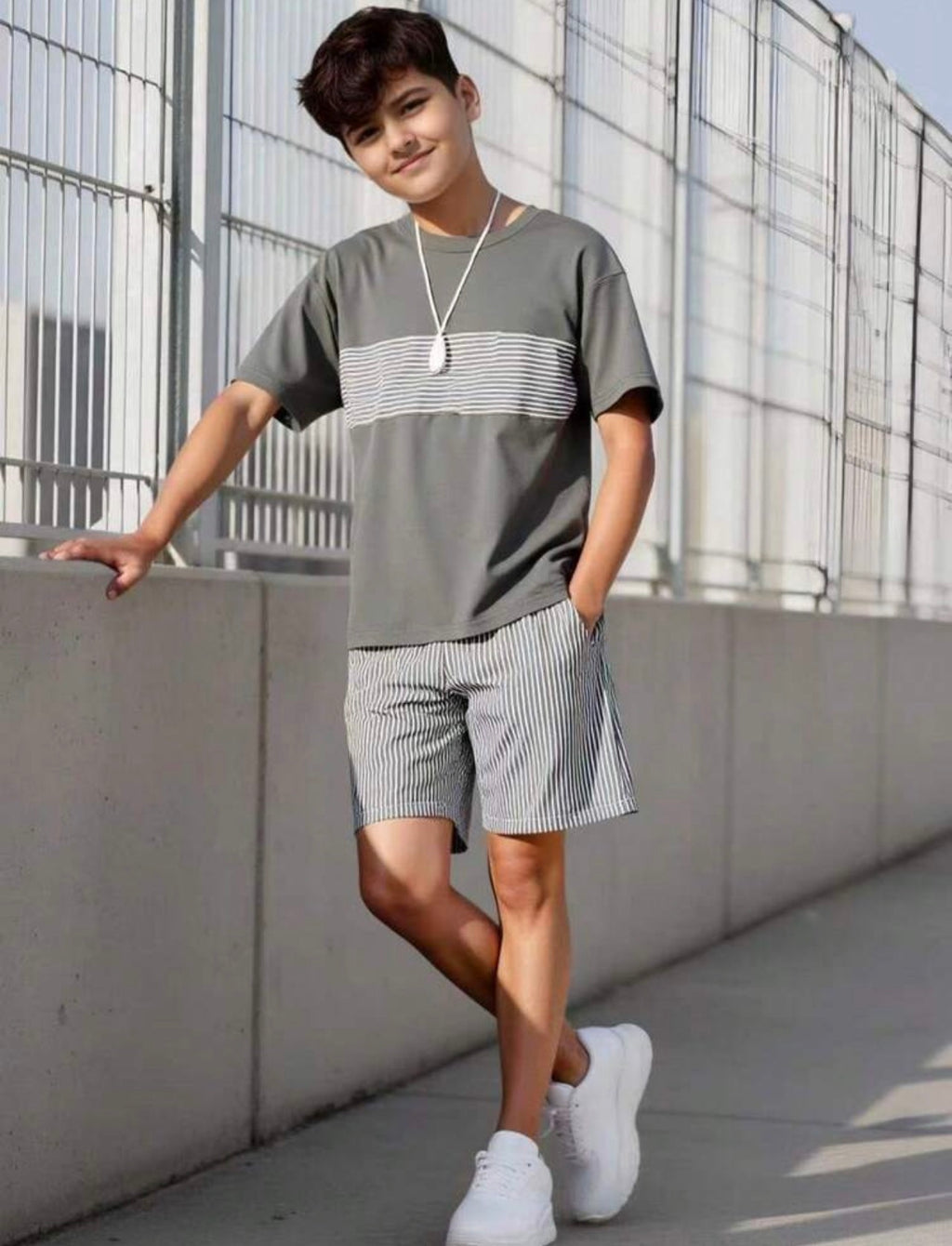 Boys Navy Blue Striped T-Shirt & Loose Shorts Casual Summer Sports Set