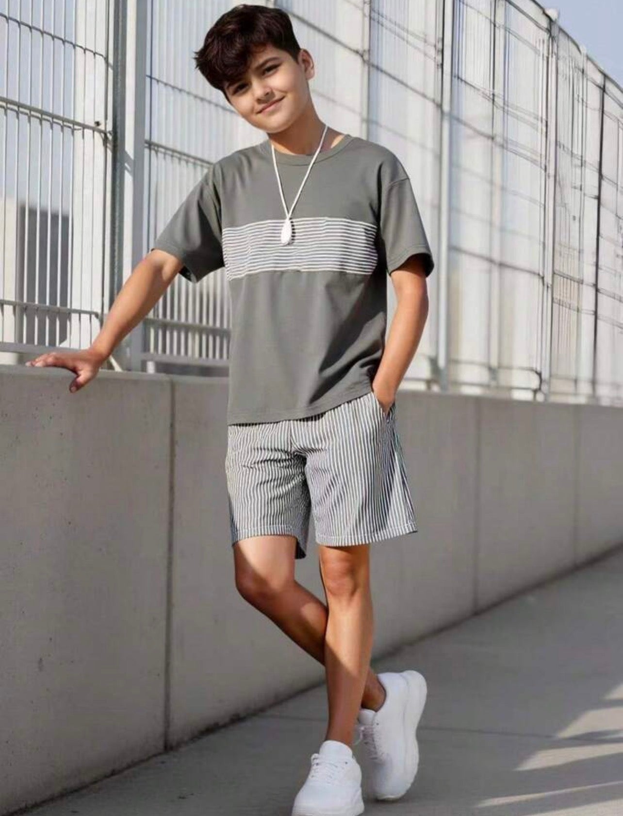 Boys Navy Blue Striped T-Shirt & Loose Shorts Casual Summer Sports Set