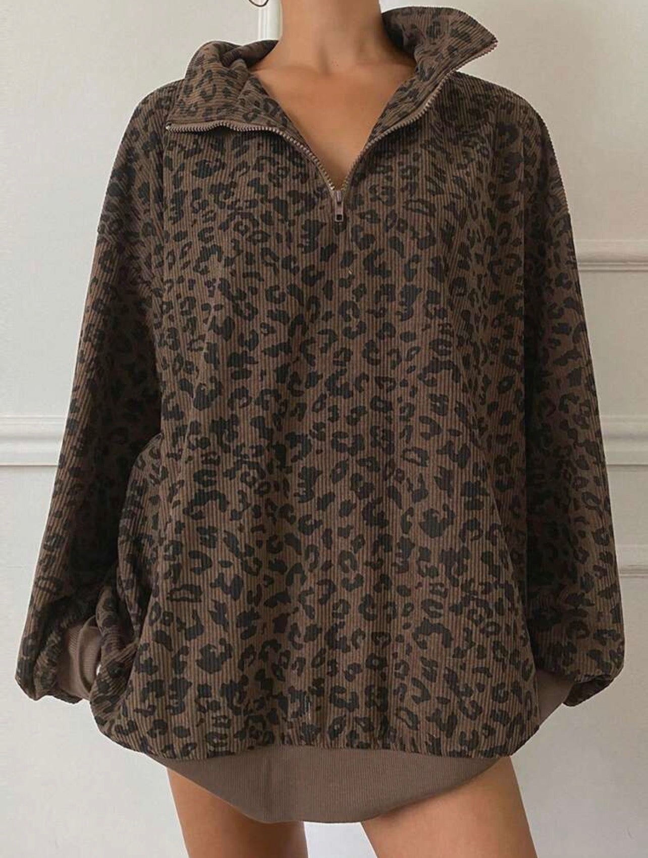 Women’s Leopard Print Zip-Up Long Sleeve Sweatshirt – Casual Fall Jacket Style Top