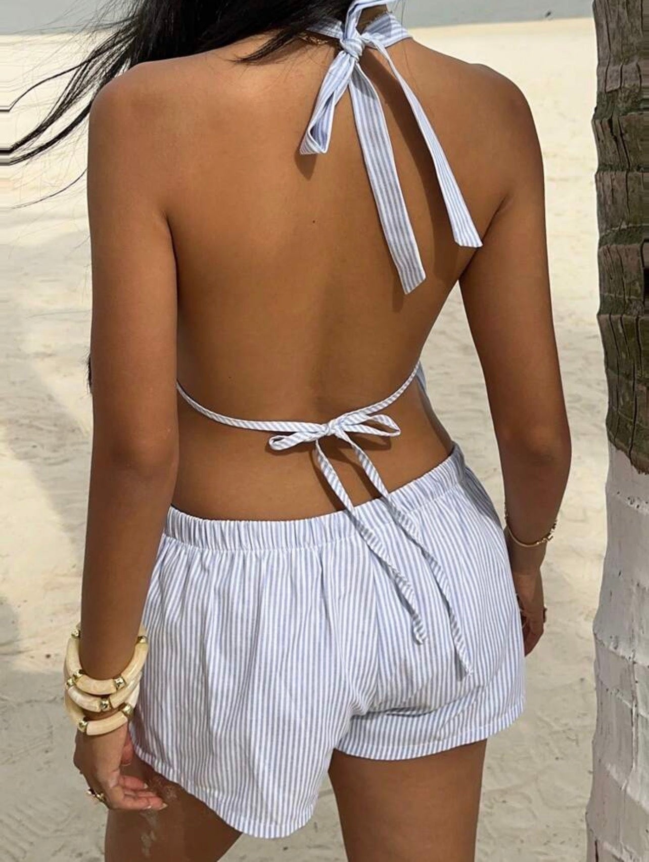 Women’s 2-Piece Linen Backless Tie-Up Vest & Frill Waist Shorts Set