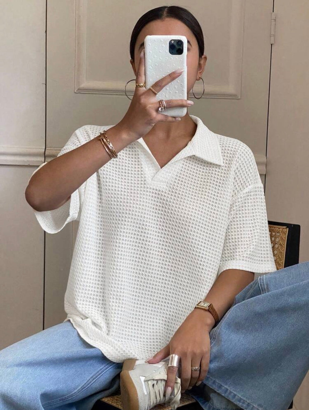 Women’s Textured Polo Neck Loose Fit T-Shirt – Casual Solid Color Top