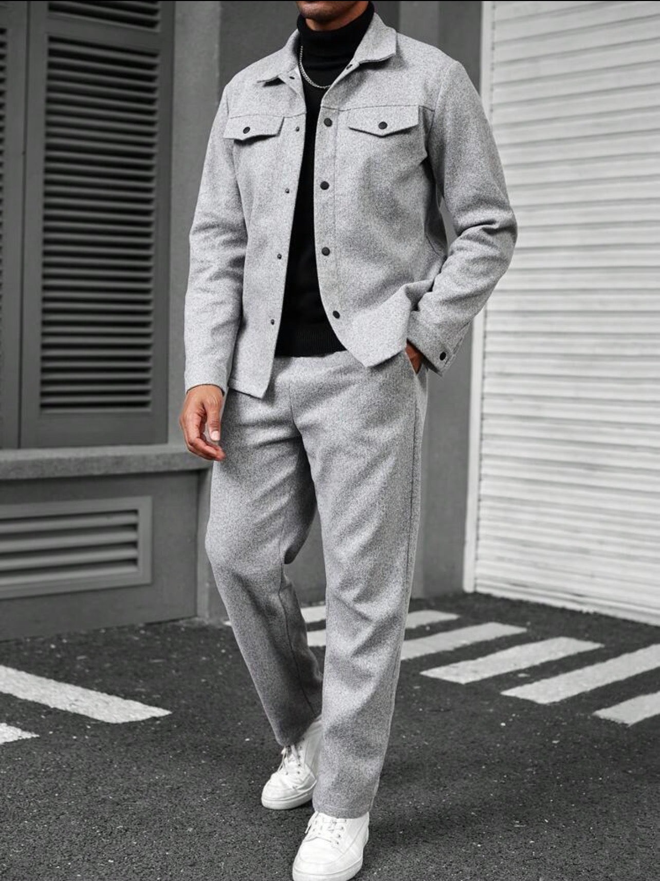 Men’s Solid Color Single-Breasted Jacket & Pants Two-Piece Set – Casual Fall Outfit