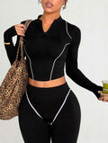 Women’s Seamless Long Sleeve Fitness Two-Piece Set with Stripe Detail, Sporty Activewear Outfit for Yoga, Workout & Daily Wear