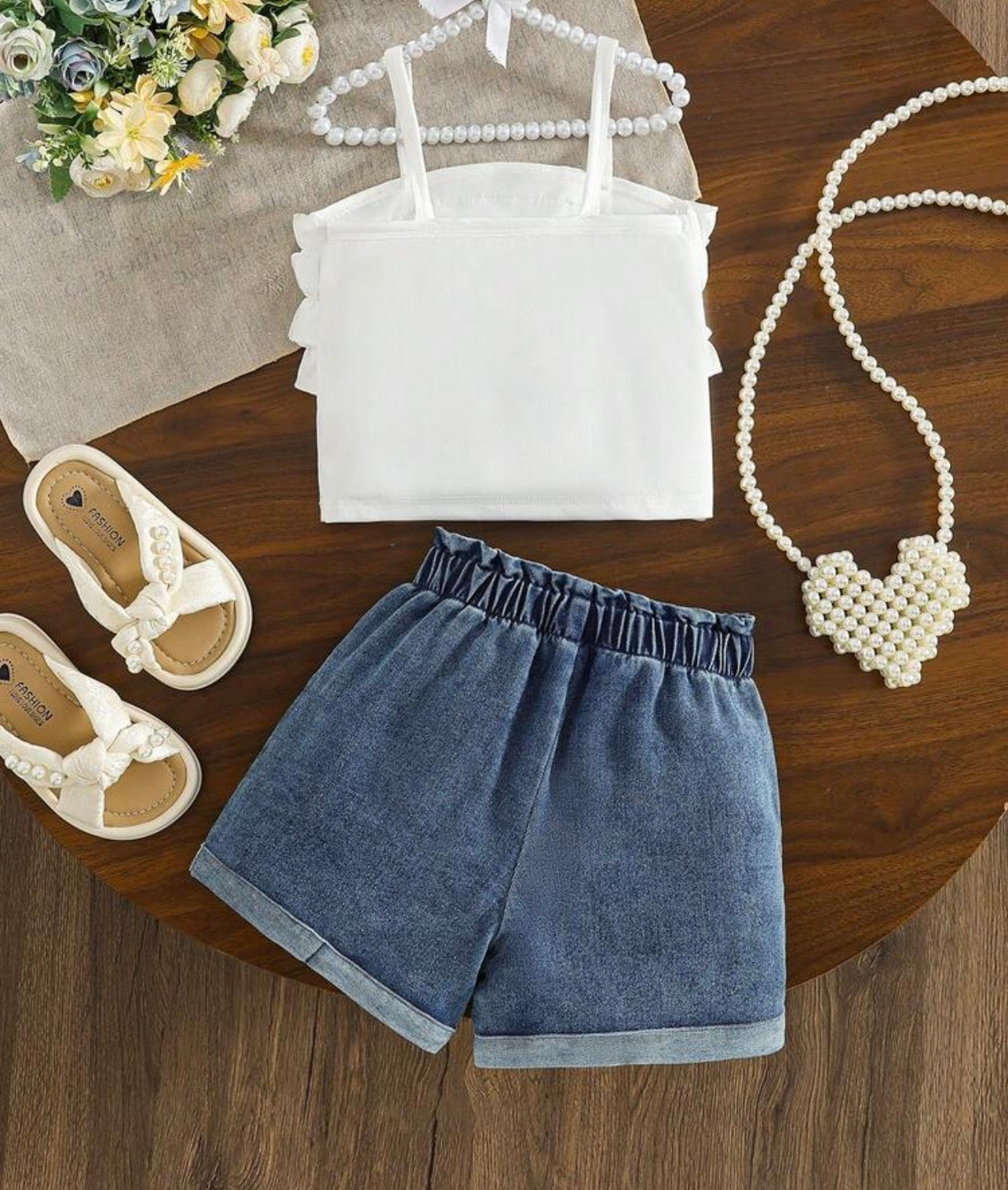 Toddler Girls Ruffle Denim Cami Top & Pearl Bow Shorts 2-Piece Summer Set