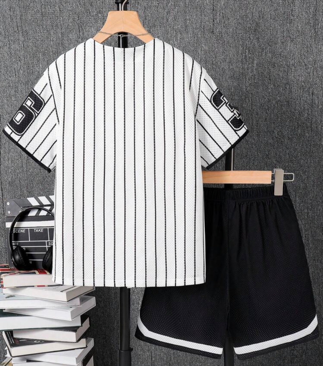 Tween Boys Letter Print Striped Shirt and Shorts Casual Sports Outfit Set