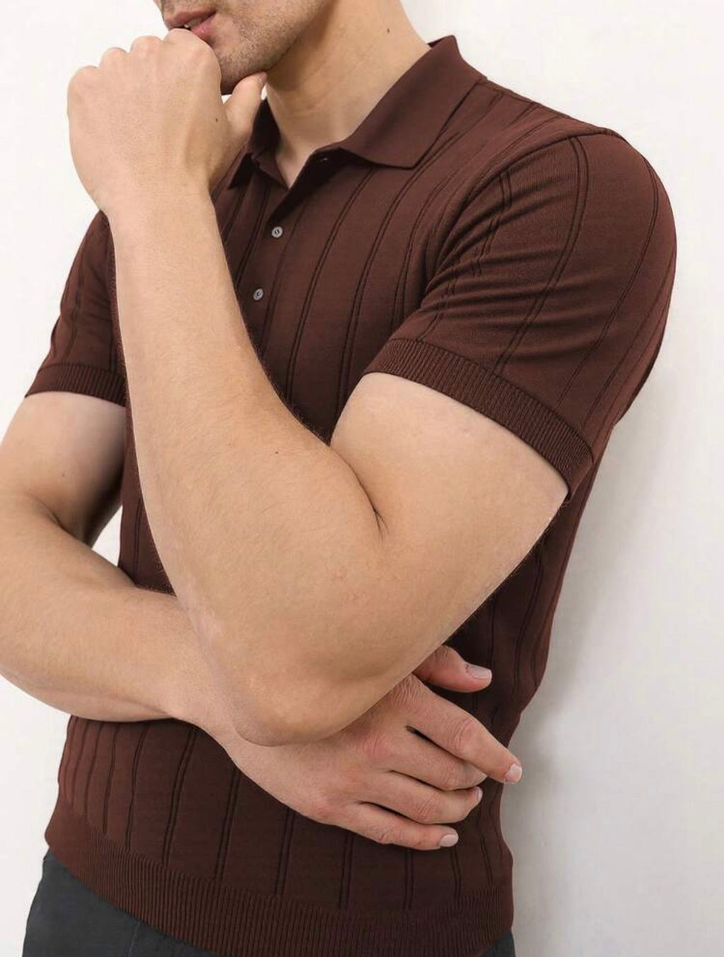 Men’s Ribbed Knit Polo Neck Short Sleeve Top – Casual Daily Wear Shirt