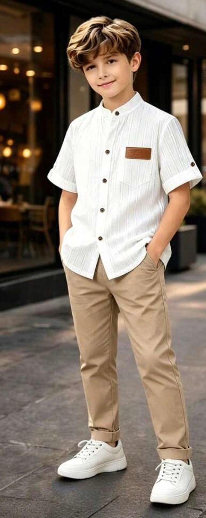 Older Boys Textured Striped Collared Short Sleeve Shirt & Pants Formal Set