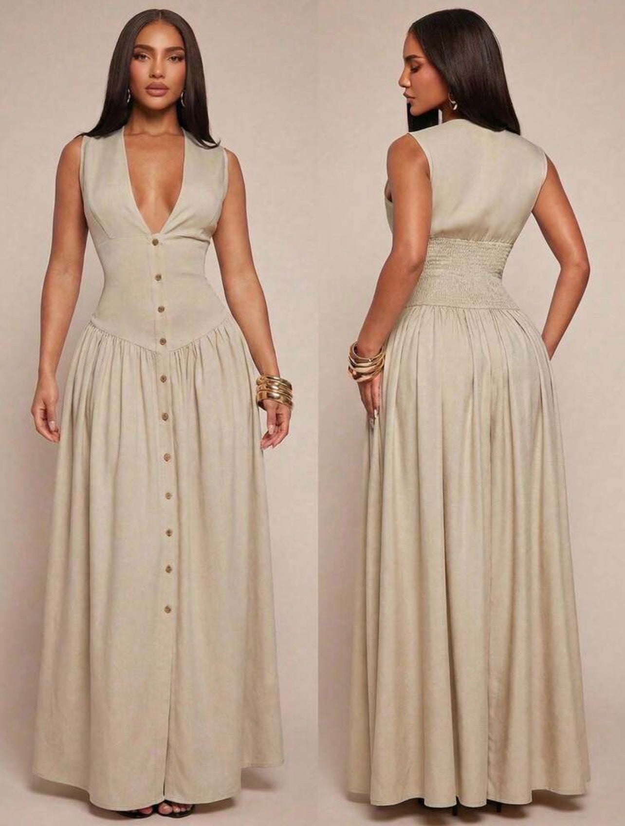 Elegant Minimalist V-Neck Sleeveless Waist-Cinched Button Front Flowy Dress for Women