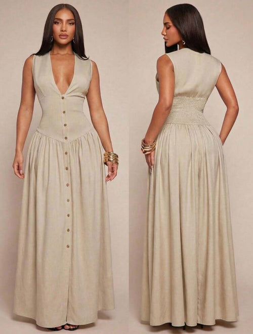 Elegant Minimalist V-Neck Sleeveless Waist-Cinched Button Front Flowy Dress for Women