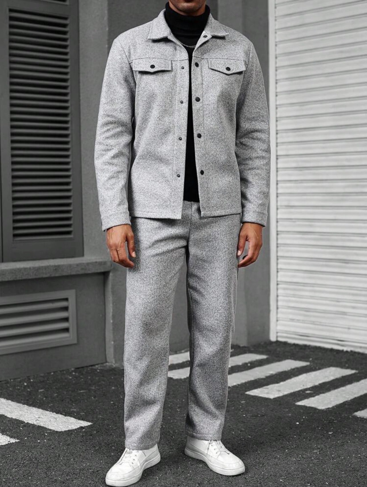 Men’s Solid Color Single-Breasted Jacket & Pants Two-Piece Set – Casual Fall Outfit