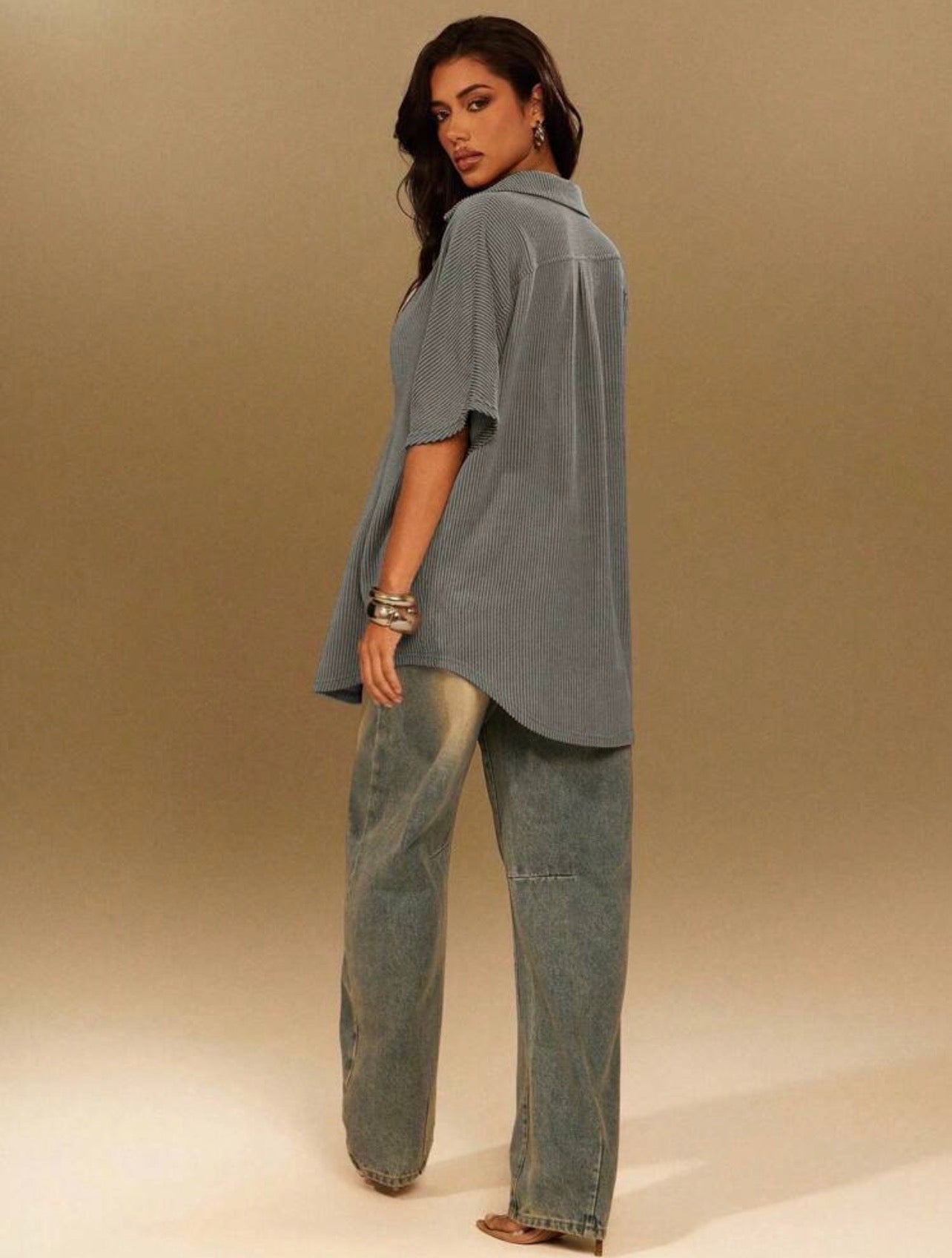 Women’s Plunge Neck Collared Oversized Short Sleeve Top – Casual Fashion Wear