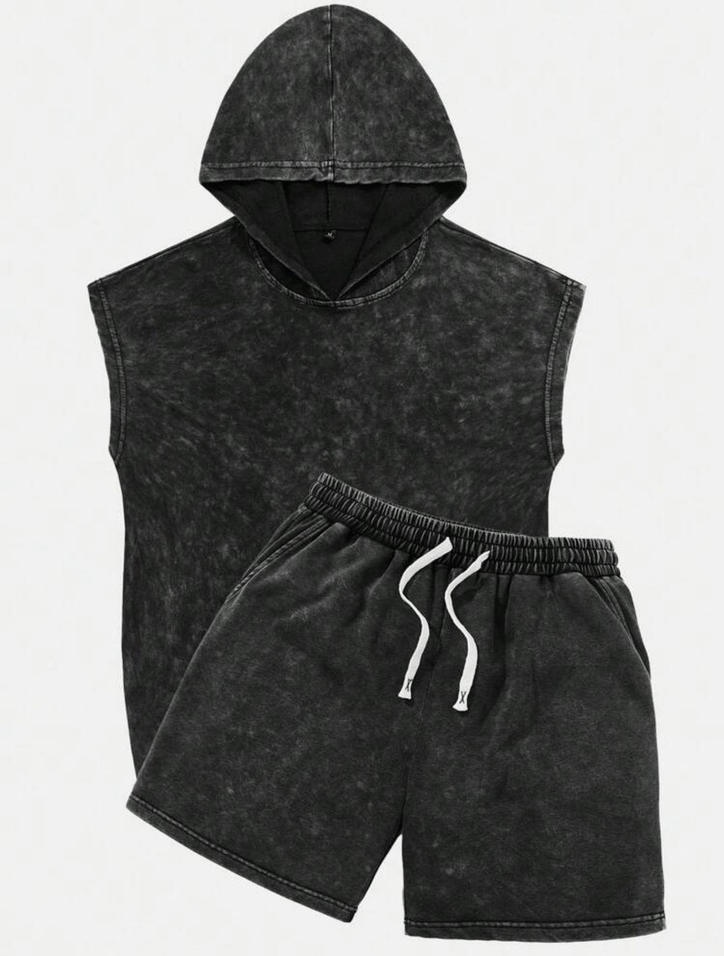 Men’s Hooded Sleeveless Washed Vintage Vest & Shorts Two-Piece Set – Casual Streetwear Outfit