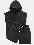 Men’s Hooded Sleeveless Washed Vintage Vest & Shorts Two-Piece Set – Casual Streetwear Outfit