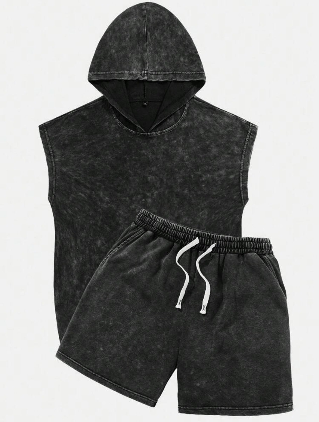 Men’s Hooded Sleeveless Washed Vintage Vest & Shorts Two-Piece Set – Casual Streetwear Outfit
