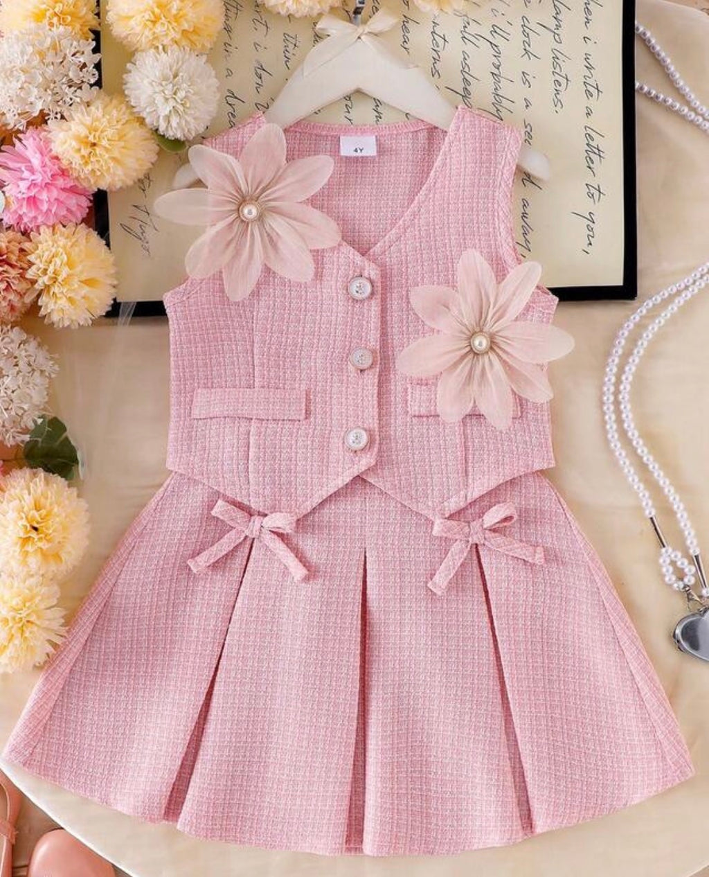 Girls Vintage Floral Applique Blazer Vest & Mini Skirt Elegant 2-Piece Set