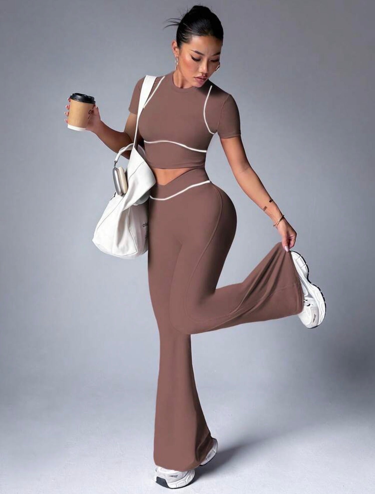 Women’s Color Block Short Sleeve Top & Flare Leggings Sports Set