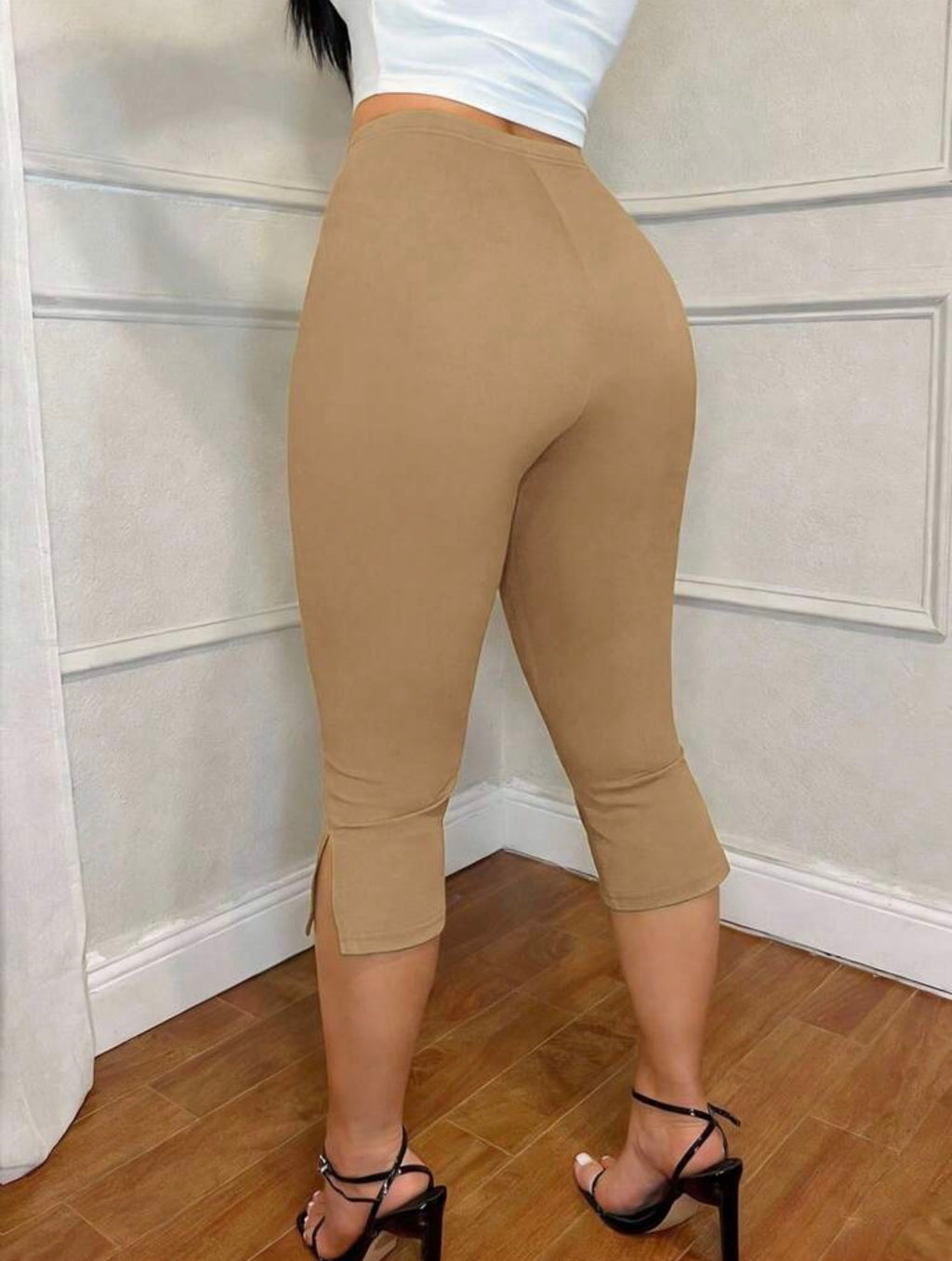 Women’s High Waist Skinny Split Hem Cropped Leggings – Casual Versatile Capris