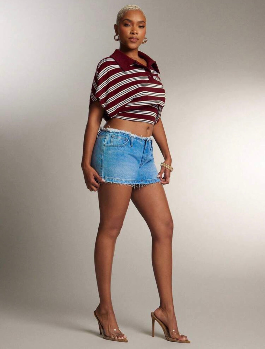 Women’s Cinched Waist Striped Polo Collar Top – Fashion Casual Shirt