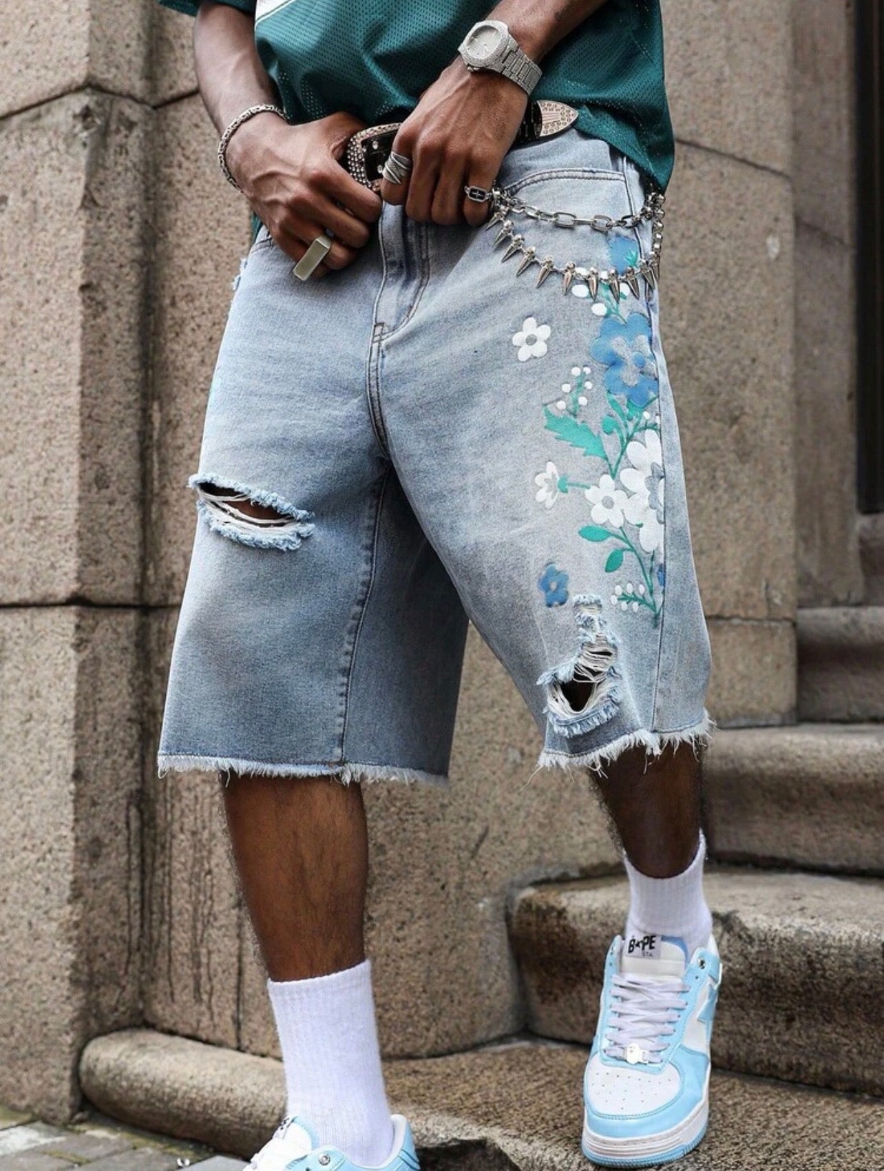 Men’s Distressed Waist Belt Wide Leg Denim Shorts – Casual Streetwear Bottoms