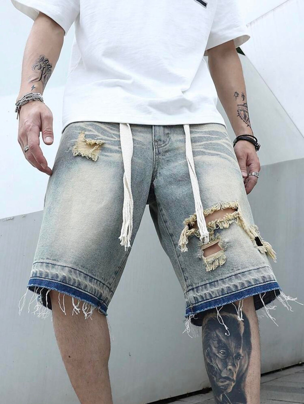 Men’s Ripped Frayed Raw Hem Oversized Denim Shorts – Baggy Distressed Streetwear Jorts
