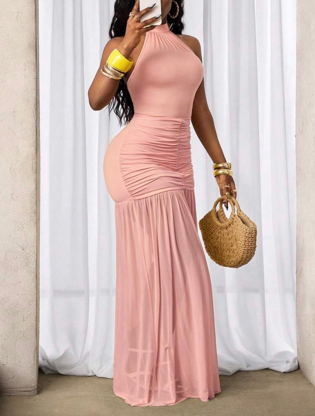 Women’s Pleated Halter Neck Tie Elegant Dress