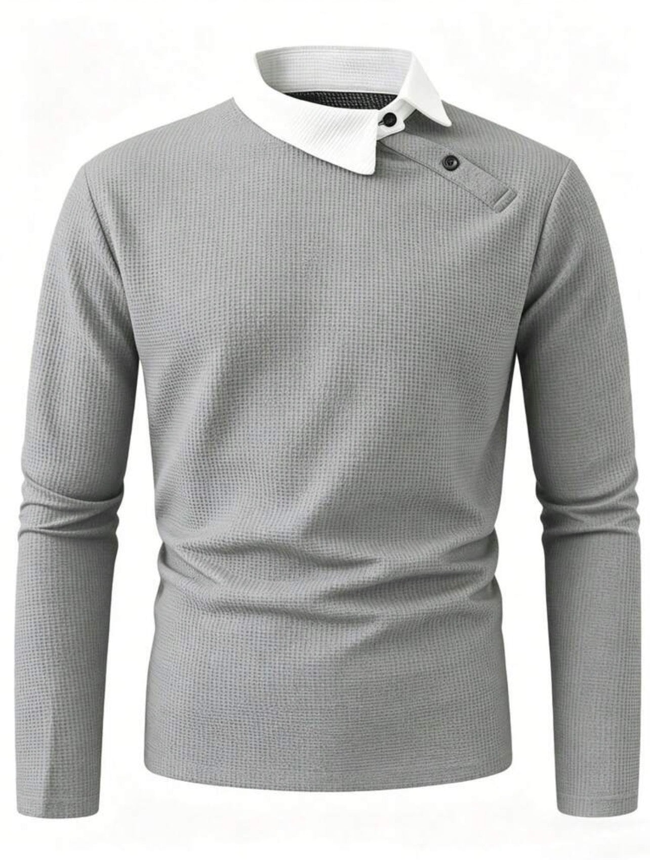 Men’s Contrast Color Long Sleeve Buttoned Knitted Polo Shirt – Casual Business Top