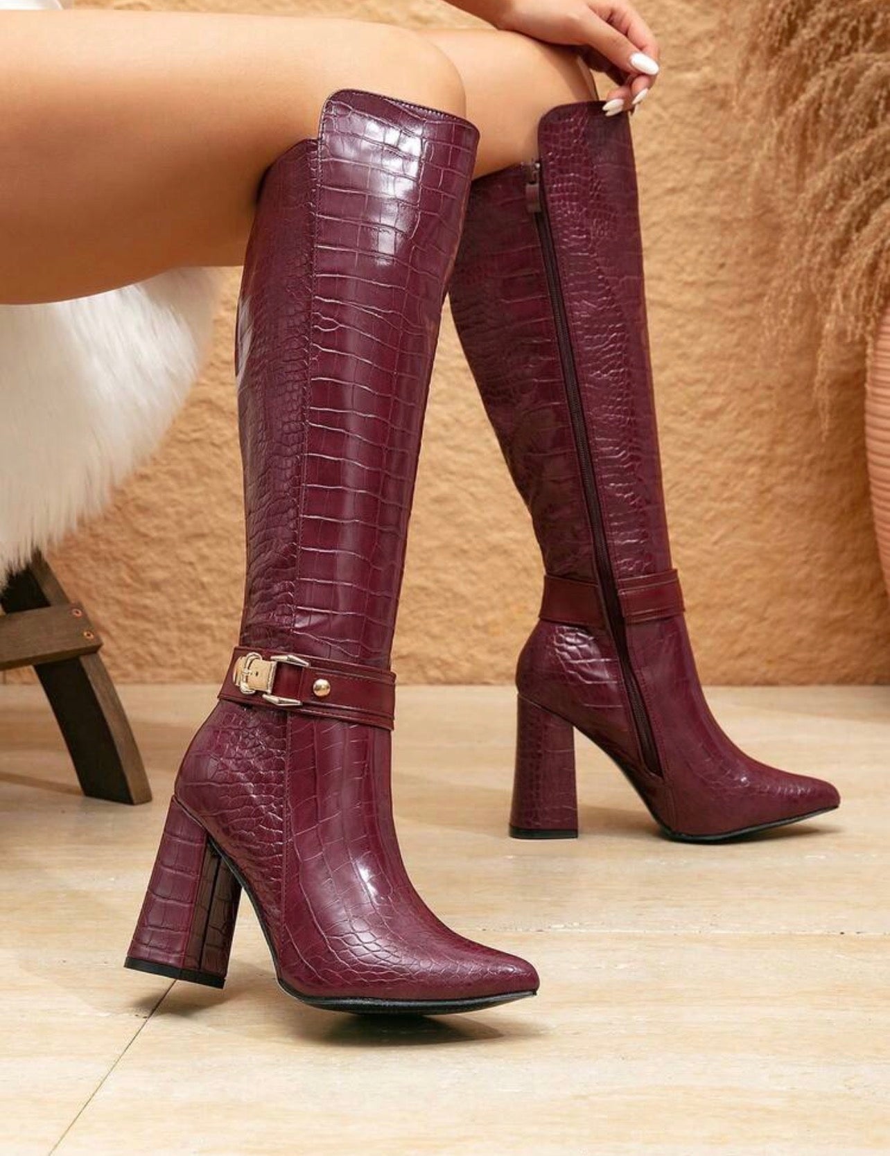 Women’s Brown Alligator Print Knee-High Boots with Pointed Toe & Block Heel