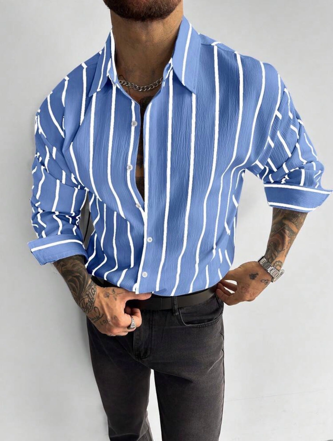 Men’s Classic Striped Linen-Feel Long Sleeve Button-Down Shirt – Casual Office Top