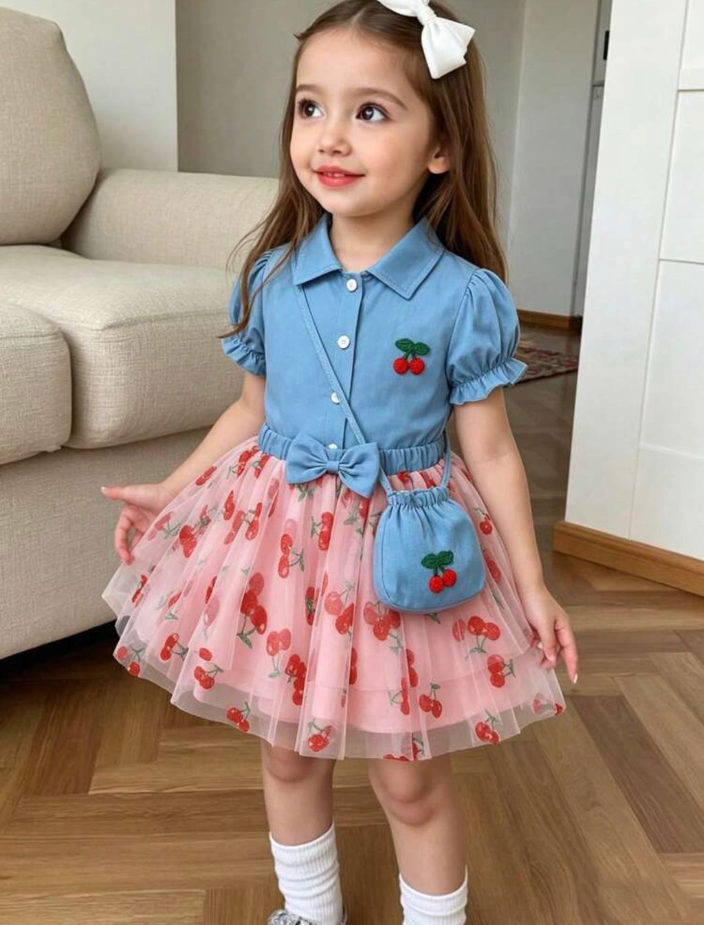 Girls Cherry Embroidered Puff Sleeve Top, Cherry Print Skirt & Bag 3-Piece Outfit Set
