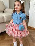 Girls Cherry Embroidered Puff Sleeve Top, Cherry Print Skirt & Bag 3-Piece Outfit Set