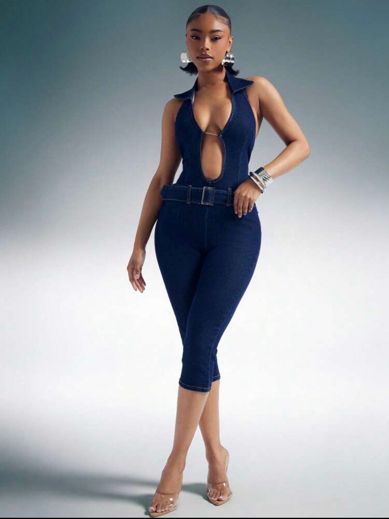Stretch Denim Halter Cut-Out Plunge Neck Romper for Women