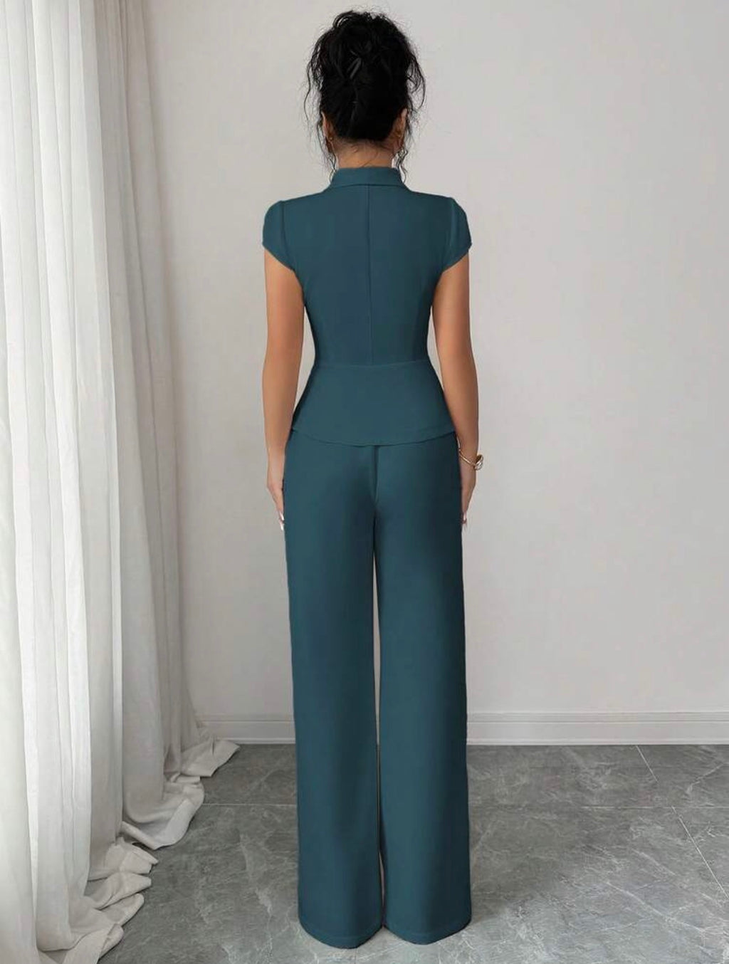 Women’s Elegant Asymmetrical Collar Puff Sleeve Blouse & Elastic Waist Pants Two-Piece Set