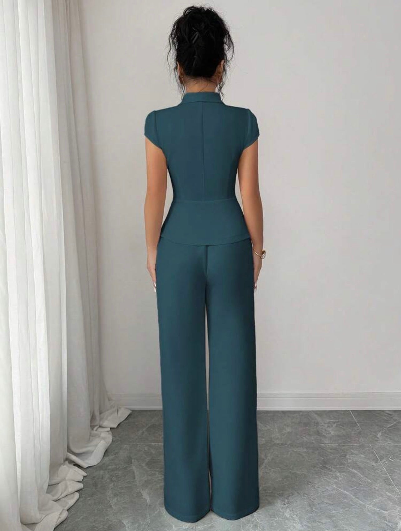 Women’s Elegant Asymmetrical Collar Puff Sleeve Blouse & Elastic Waist Pants Two-Piece Set
