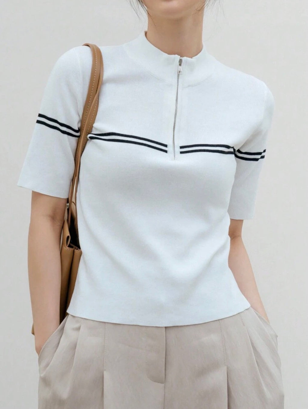 Women’s Business Casual Stand Collar Short Sleeve Knit Pullover Top