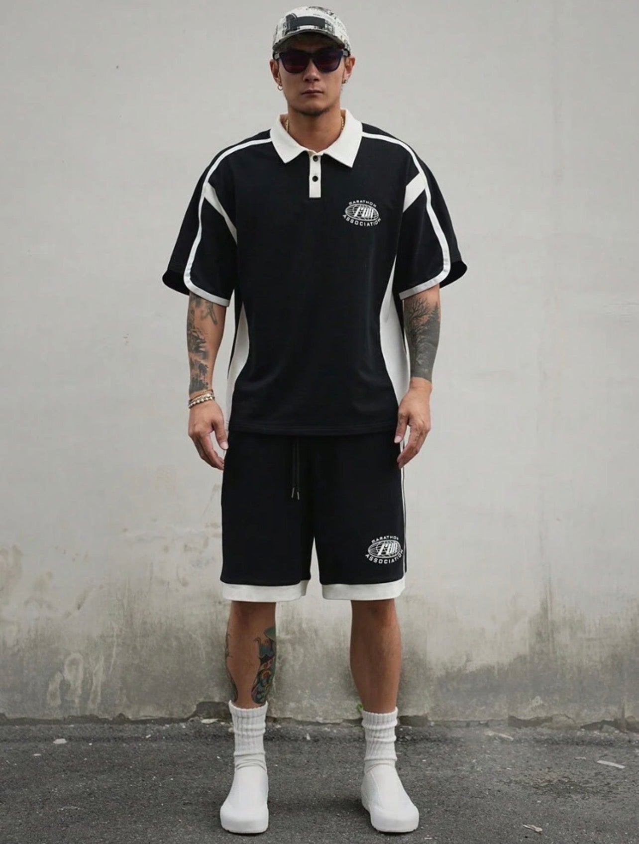 Men’s Letter Print Color Block Polo Shirt & Shorts Two-Piece Summer Set