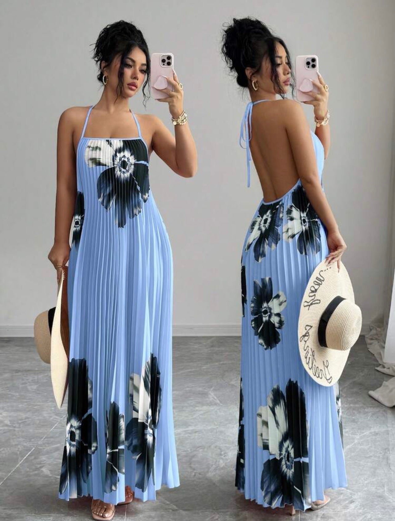 Women’s Loose Fit Pleated Printed Maxi Dress – Elegant Casual Vacation Style