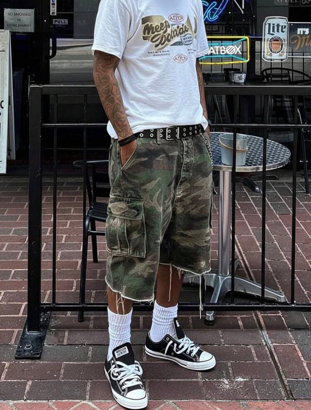 Men’s Y2K Camouflage Straight Fit Denim Shorts – Casual Streetwear Bottoms