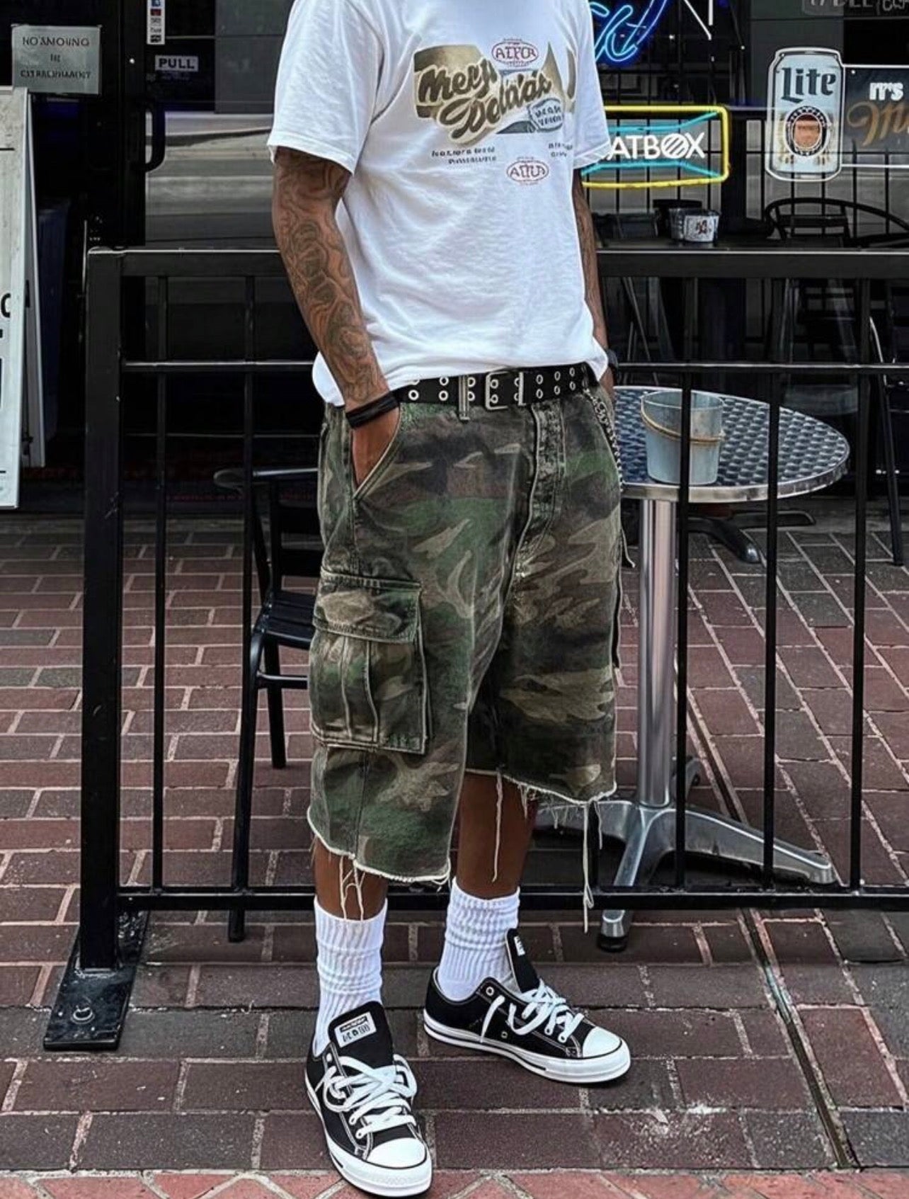 Men’s Y2K Camouflage Straight Fit Denim Shorts – Casual Streetwear Bottoms