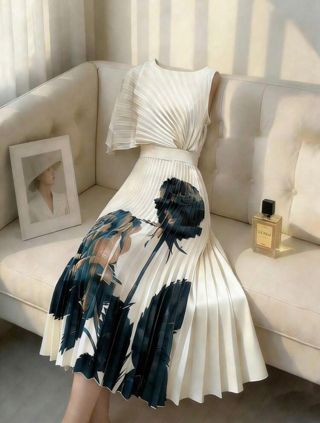 Women’s Elegant Round Neck Ruffle Waist Print A-Line Dress – Romantic Floral Style