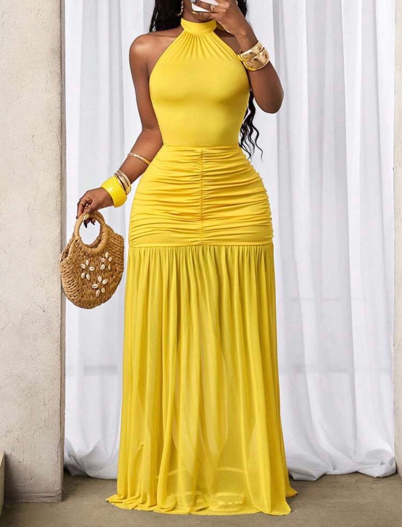 Women’s Pleated Halter Neck Tie Elegant Dress