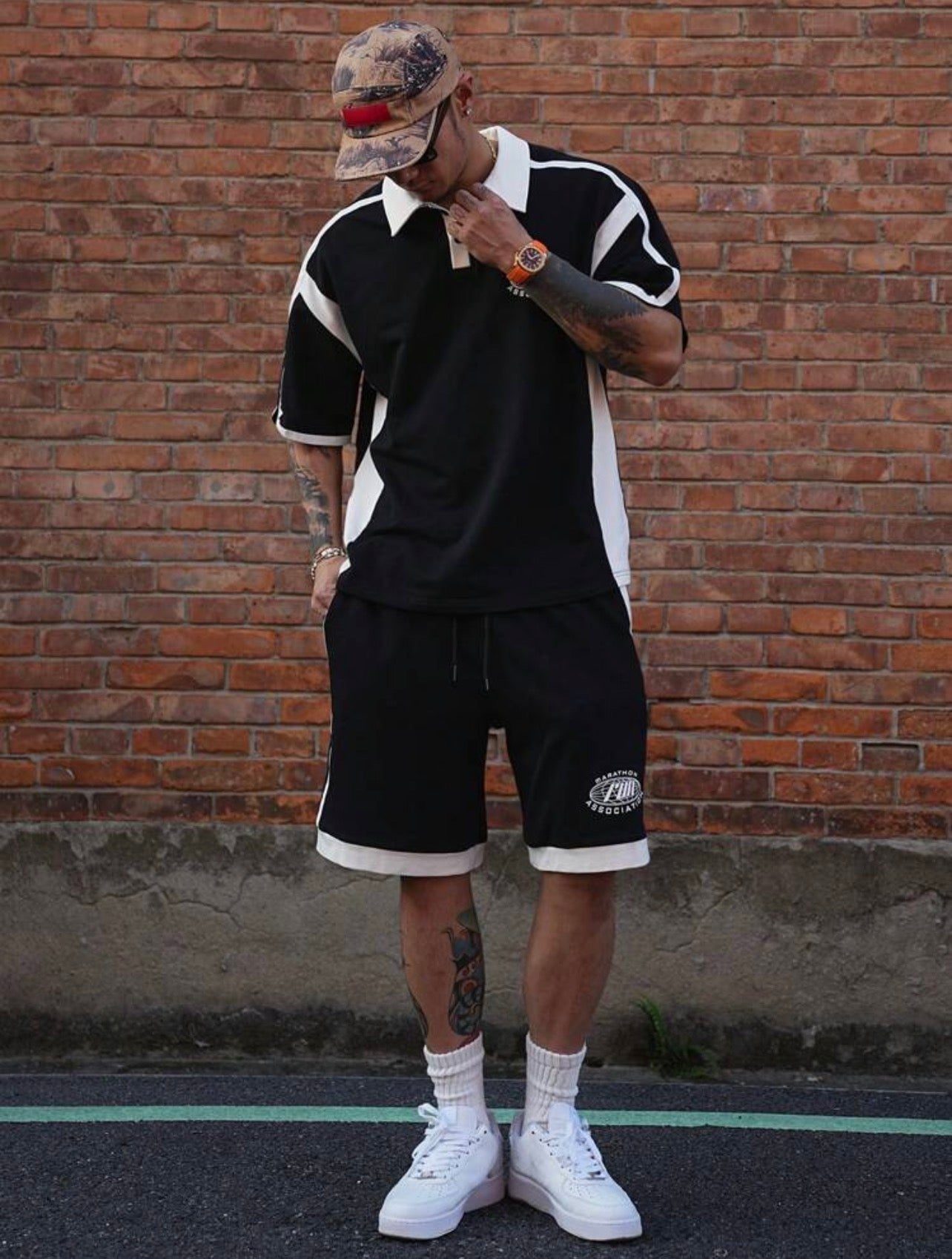 Men’s Letter Print Color Block Polo Shirt & Shorts Two-Piece Summer Set